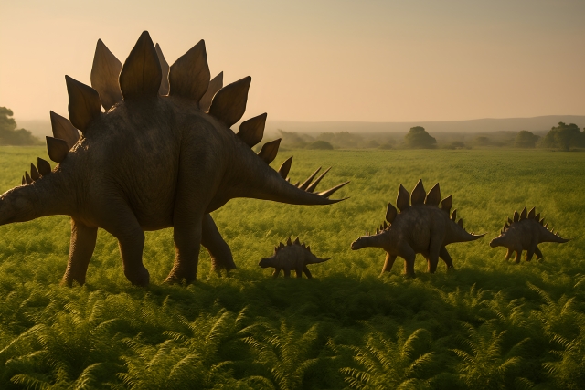 親子のステゴサウルスが草原を歩く姿を再現したCG。恐竜が群れで暮らし、世代を超えて生きていた姿を象徴している。