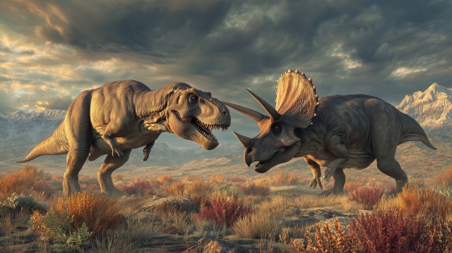 州立恐竜公園の生態系をイメージしたCG。草原地帯で向かい合うティラノサウルスとトリケラトプスが、太古の生態系のバランスを象徴している。