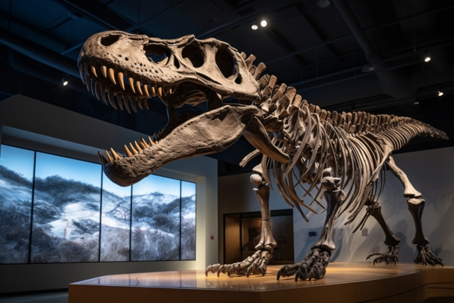 博物館に展示された大型肉食恐竜の骨格標本。かつての生命の記憶を今に伝える存在として静かに佇んでいる。