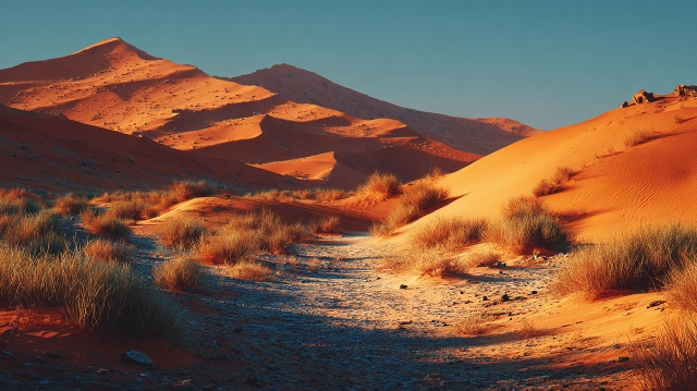 過酷な砂漠を思わせる赤い砂丘の風景。アレクサンダー大王が帰還の旅で直面した厳しい大地