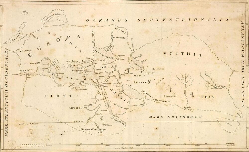 古代ギリシャ人が描いたとされる世界地図。ヨーロッパ・アジア・リビアの三大陸を中心に、大洋が世界の周囲を取り囲む円盤状の世界観を示した歴史的な地図