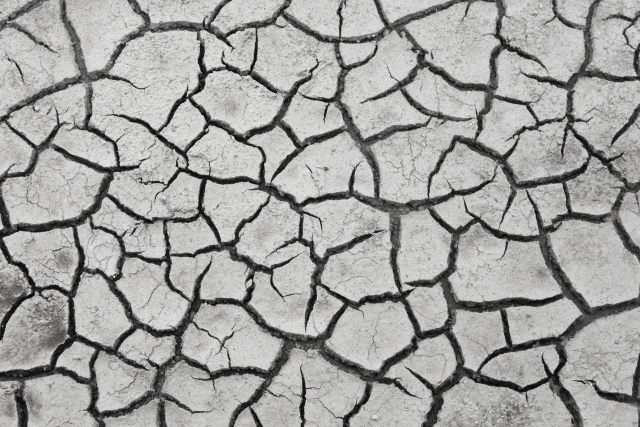 乾燥した大地に現れるひび割れ模様。水と時間が地形を変える過程の一例