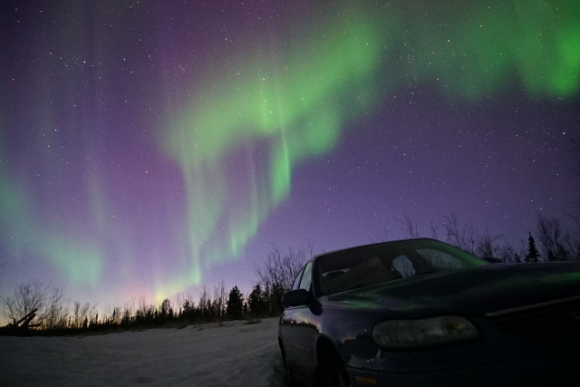 カーテンのように揺れながら垂れ下がるオーロラの写真
