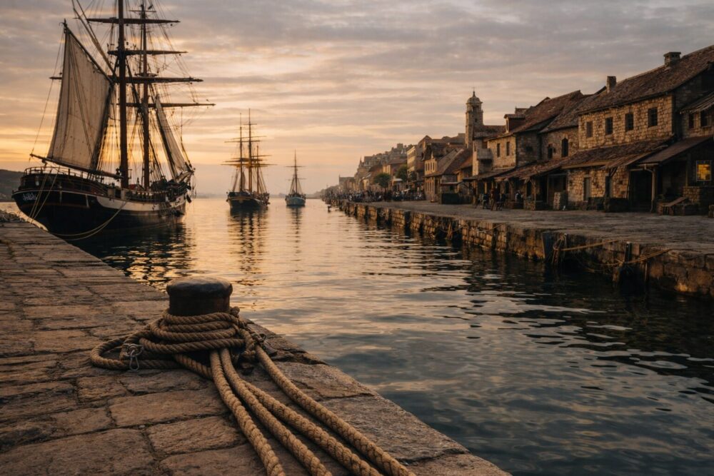 石造りの岸壁に係留された帆船と、静かな港の水面。航海を終えたあとの港の風景。