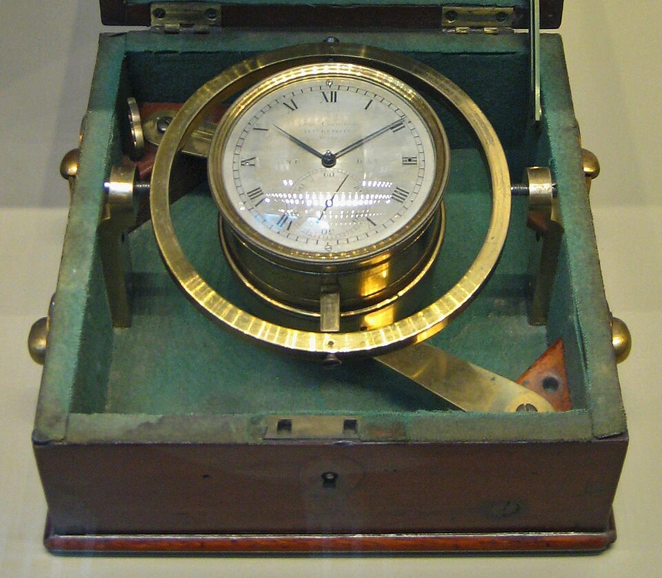 航海中の揺れに耐えるため、箱とジンバルで固定された18世紀の航海用クロノメーター