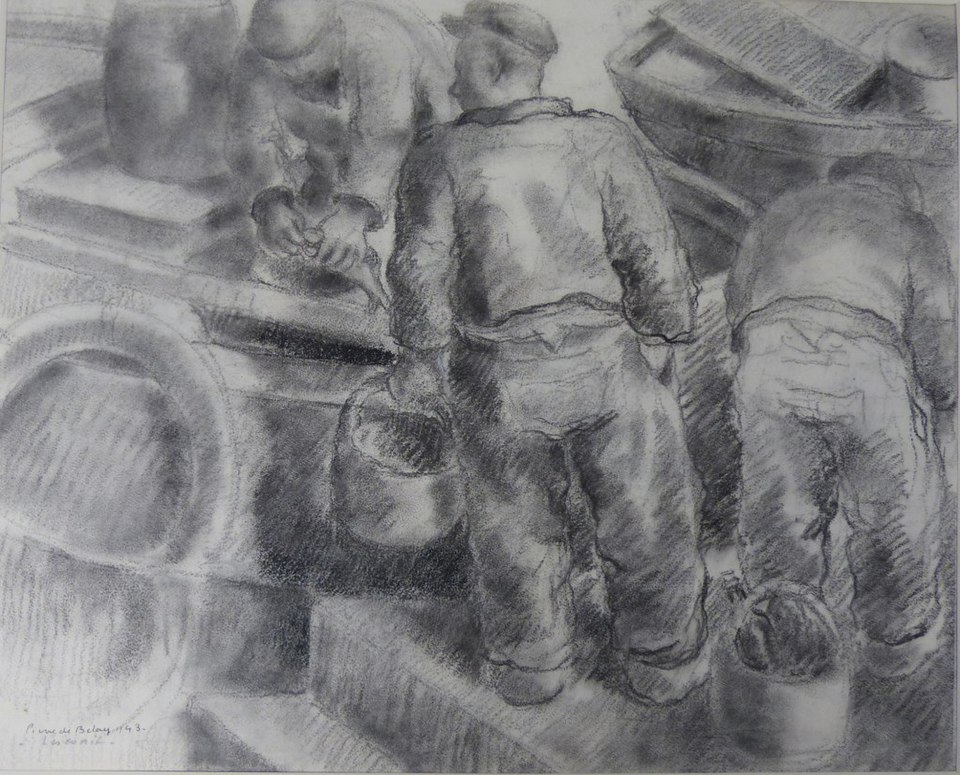 港で作業にあたる水夫たちの背中を描いた素描。船に乗る前の労働の様子が表現されている