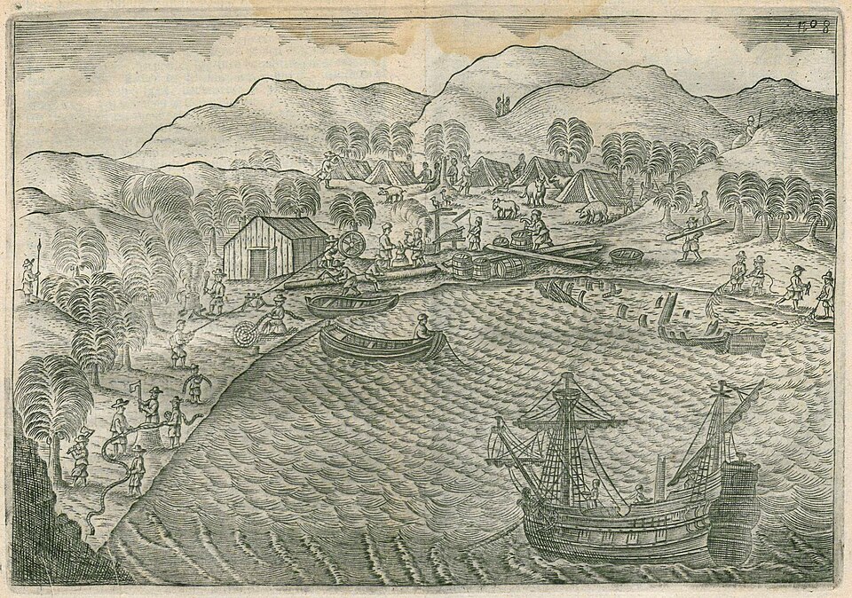 航海の途中で補給や修理を行い、次の航海に備える船と人々の様子