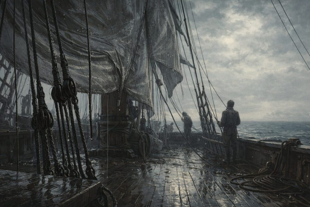 雨上がりの帆船の甲板で、濡れた帆と索具が張られたまま残っている様子