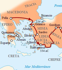 アレクサンダー大王の小アジア遠征初期における進軍ルートを示した地図。複数の都市と戦闘地点が矢印で結ばれている。