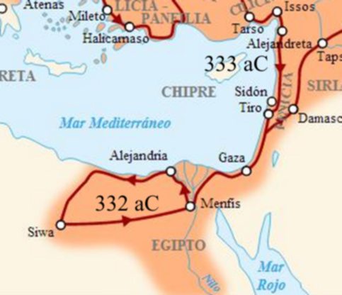 アレクサンダー大王の東方遠征第2段階における進軍ルートを示した地図。イッソス以後、地中海沿岸を南下しエジプトへ向かう道筋が描かれている。