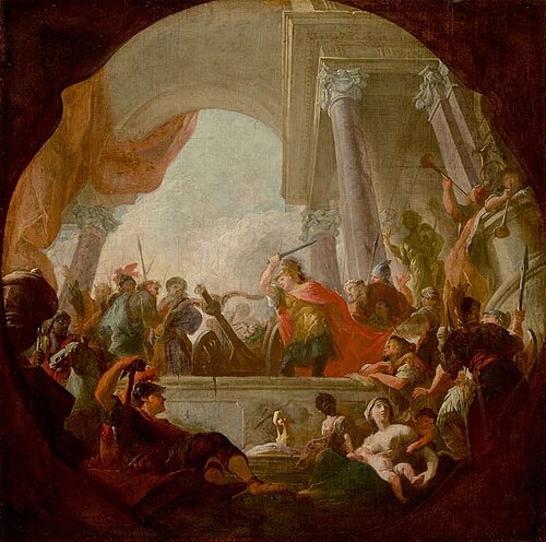 ゴルディオンの結び目を剣で断ち切るアレクサンダー大王を描いた絵画