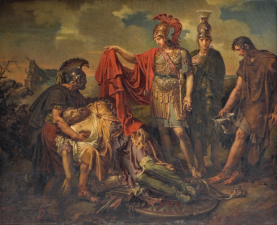 アレクサンドロス大王が、殺害されたダレイオス3世の亡骸を前に、静かにマントをかける場面を描いた歴史画