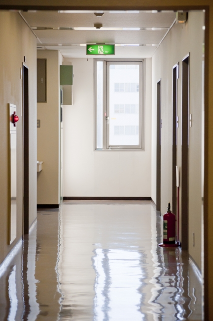 同じような扉が並ぶ屋内の長い廊下。目印が少なく方向感覚を失いやすい空間