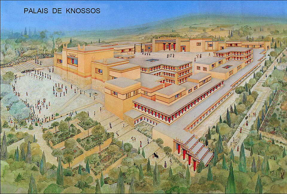 クノッソス宮殿の復元図｜中庭を中心に広がるミノア文明の宮殿構造