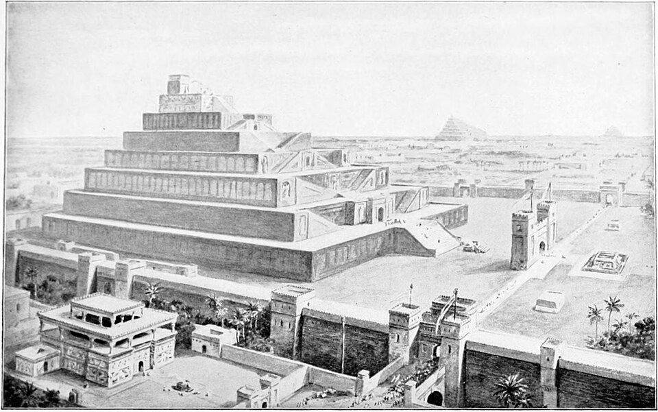 古代都市バビロンと巨大ジッグラトを描いた1904年の復元図