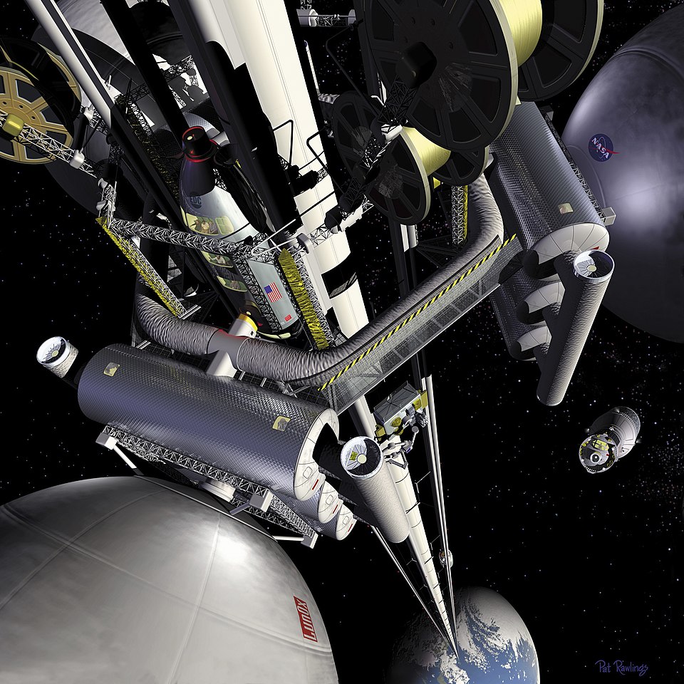 宇宙エレベーター構想を描いたNASAのコンセプトアートと地球へ伸びる巨大構造物